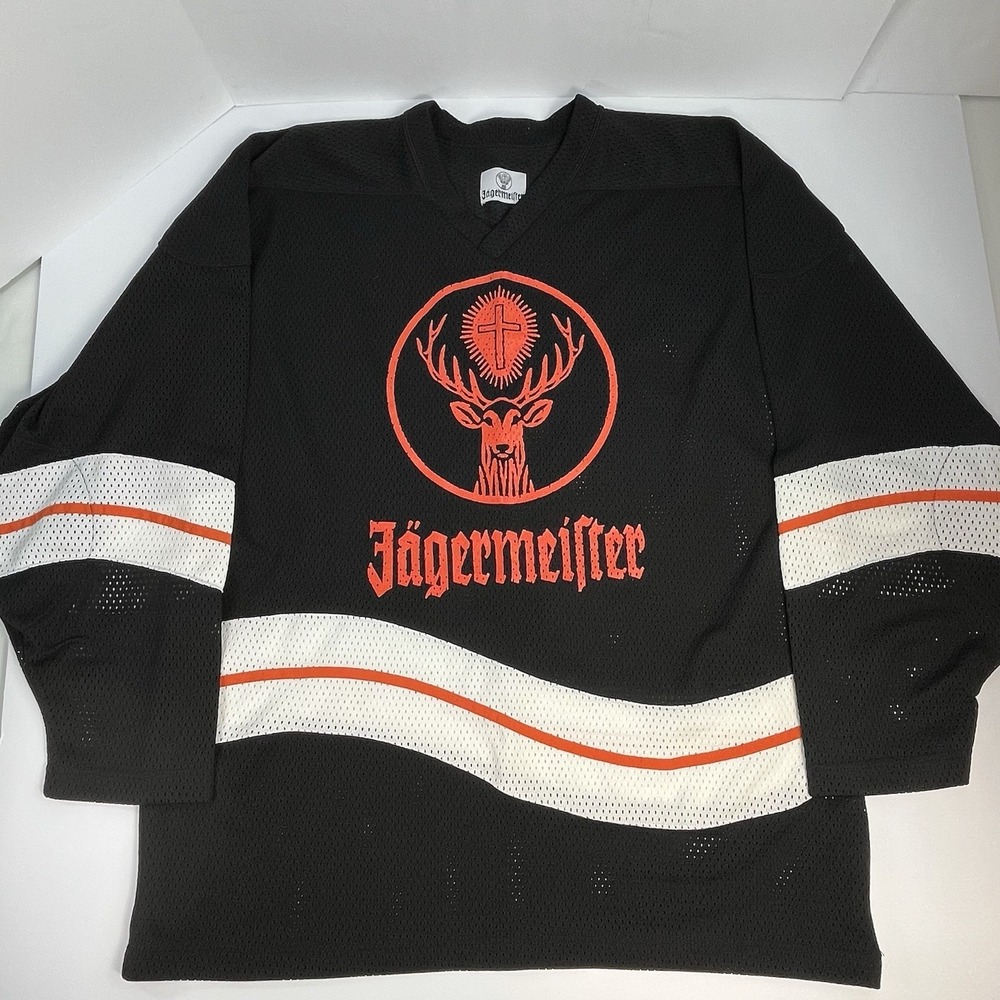 Vintage Jagermeister Jersey Shirt Size Large 90s Promo Logo Black Orange